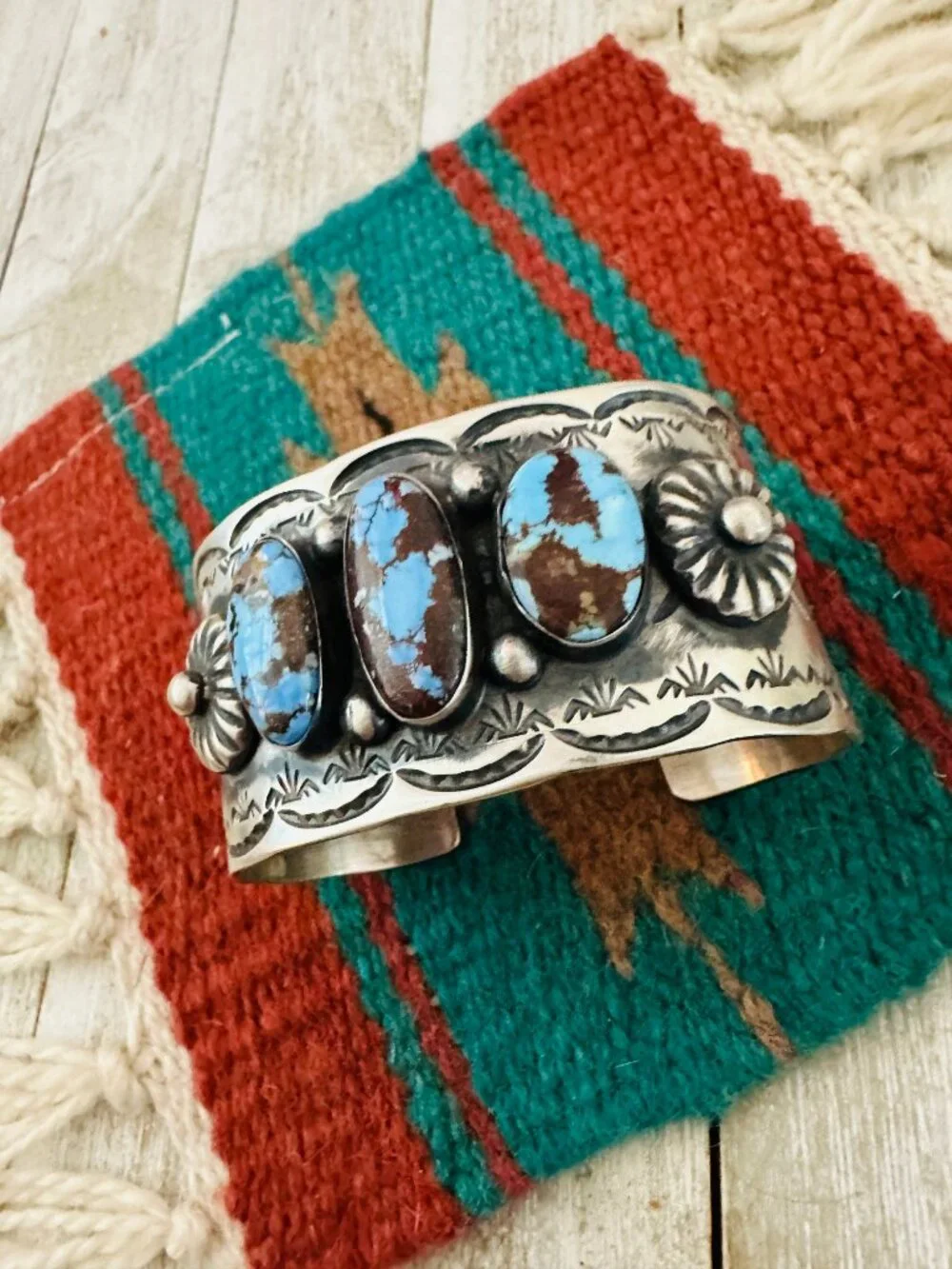 Handcrafted Sterling Silver & Golden Hills Turquoise Cuff Bracelet by Chimney Bu - Picture 4 of 7